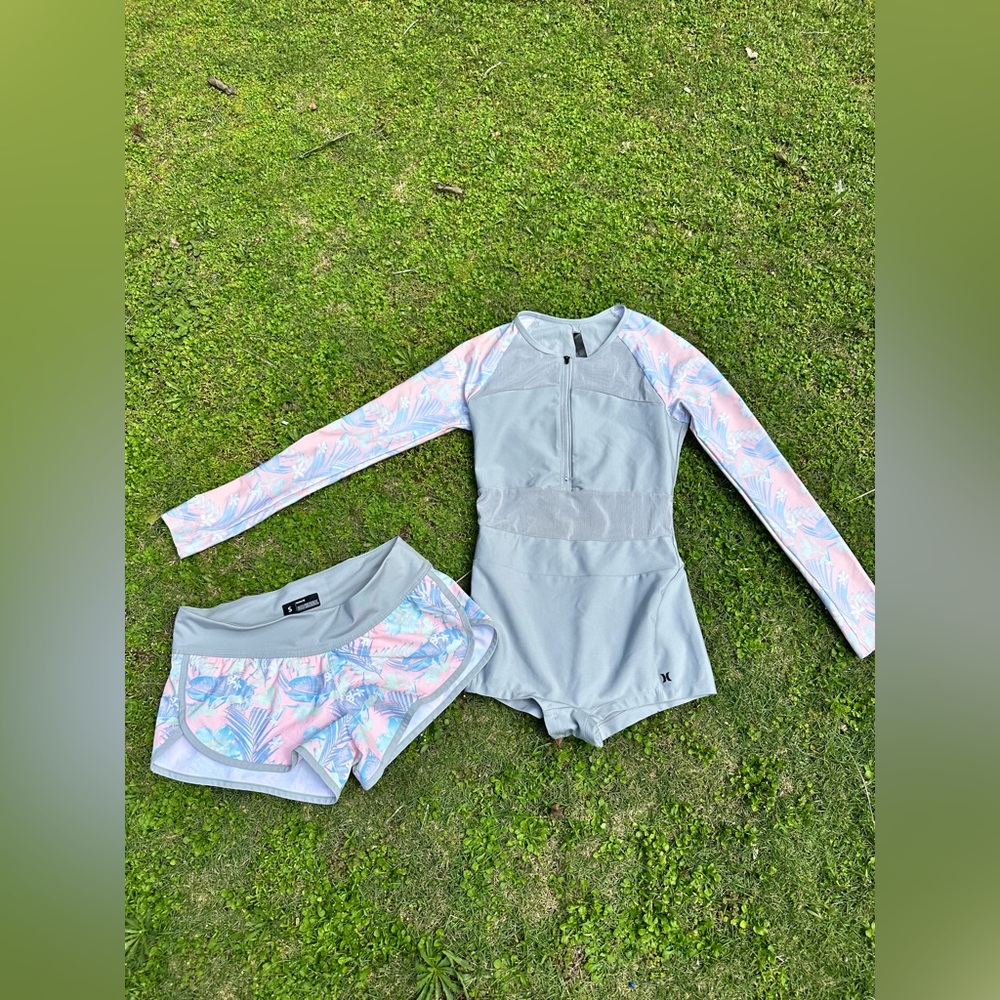 Hurley Long Sleeve One Piece Swimsuit & Shorts Set